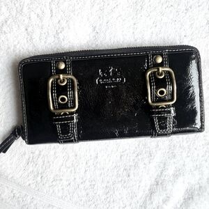 Coach black patent leather long zip around clutch wallet
